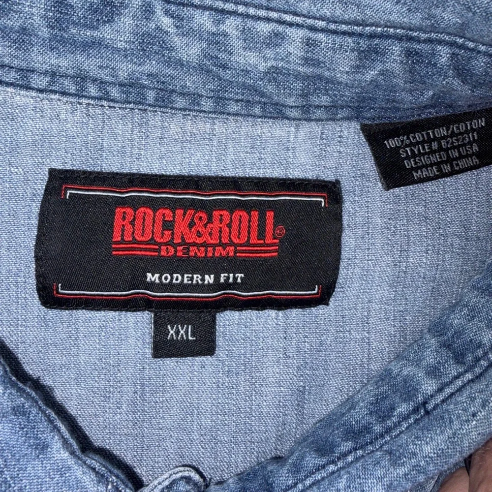 Rock & Roll Denim Mens XXL Blue Western Pearl Snap Shirt Modern Fit